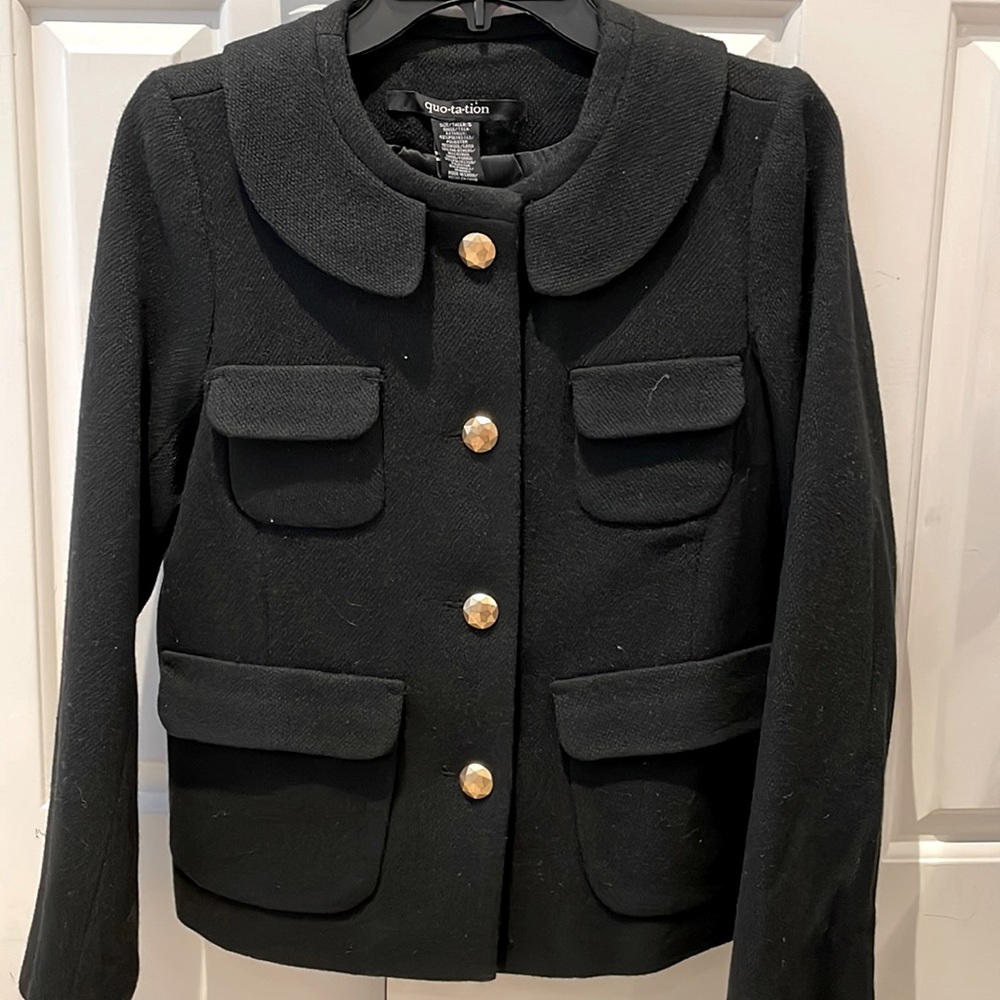 BLOOMINGDALES PREPPY BLACK BLAZER AUDREY HEPBURN APPEAL  COLLAR DETAIL NWT  S